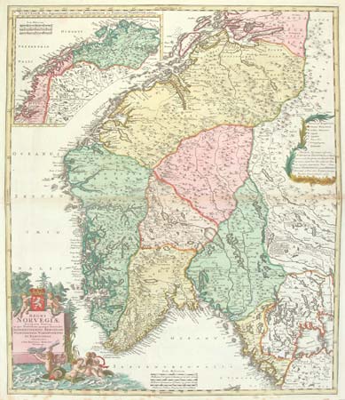 Norway map with decorative cartouche