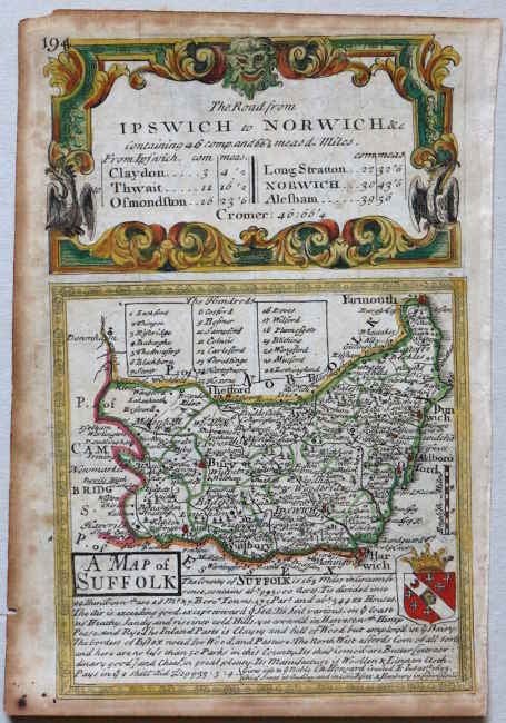 Early Georgian miniature map of Suffolk