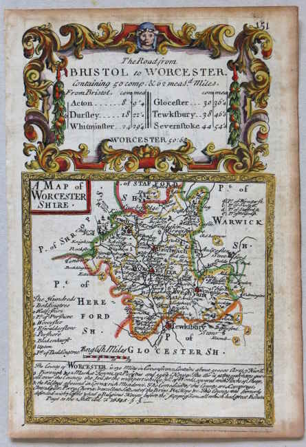 Early Georgian miniature map of Worcestershire